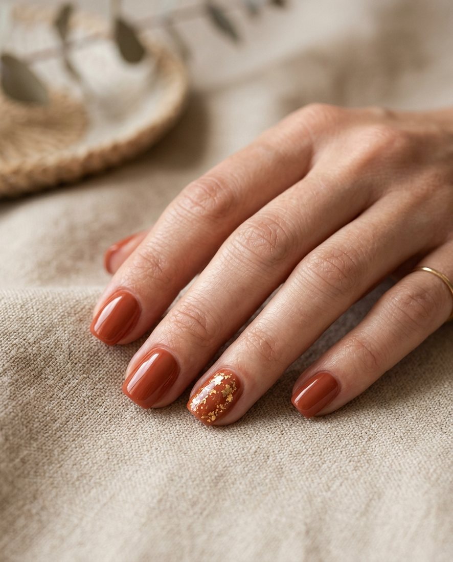 Manicure in warme roestbruine tint met een gouden glitter-accentnagel