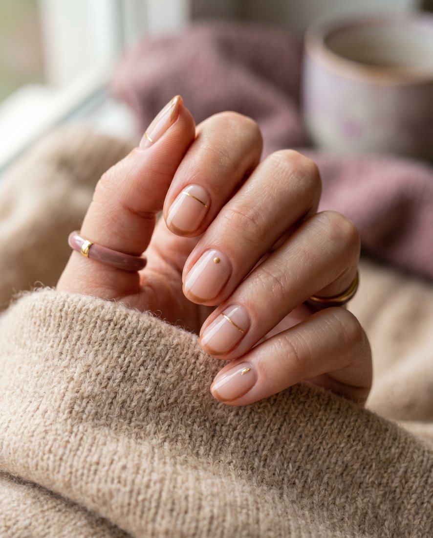 Minimalistische nail art met een fijne gouden lijndetail op een naaktbeige basis