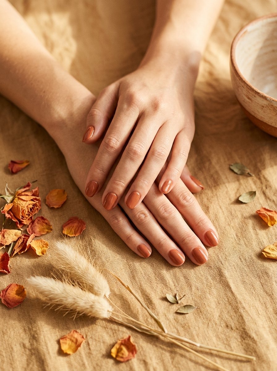 Twee verzorgde handen met een warme kaneelkleurige manicure, rustend op linnen tussen gedroogde bloemen